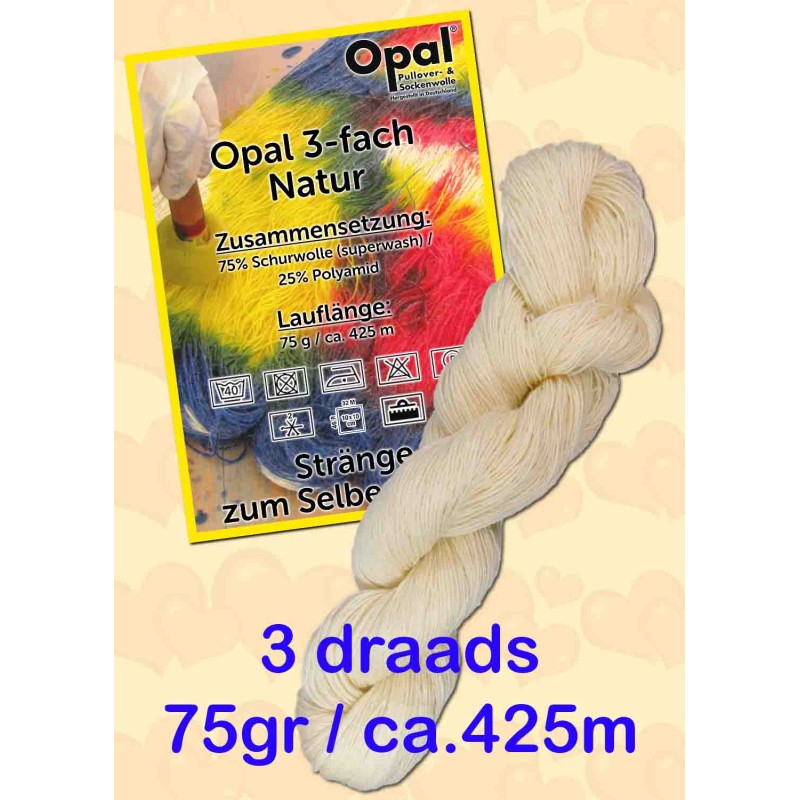 Opal ongeverfde 3 draads sokgaren naturel wol om zelf te verven. Opal ongeverfde 3 draads sokgaren naturel wol om zelf te verven.