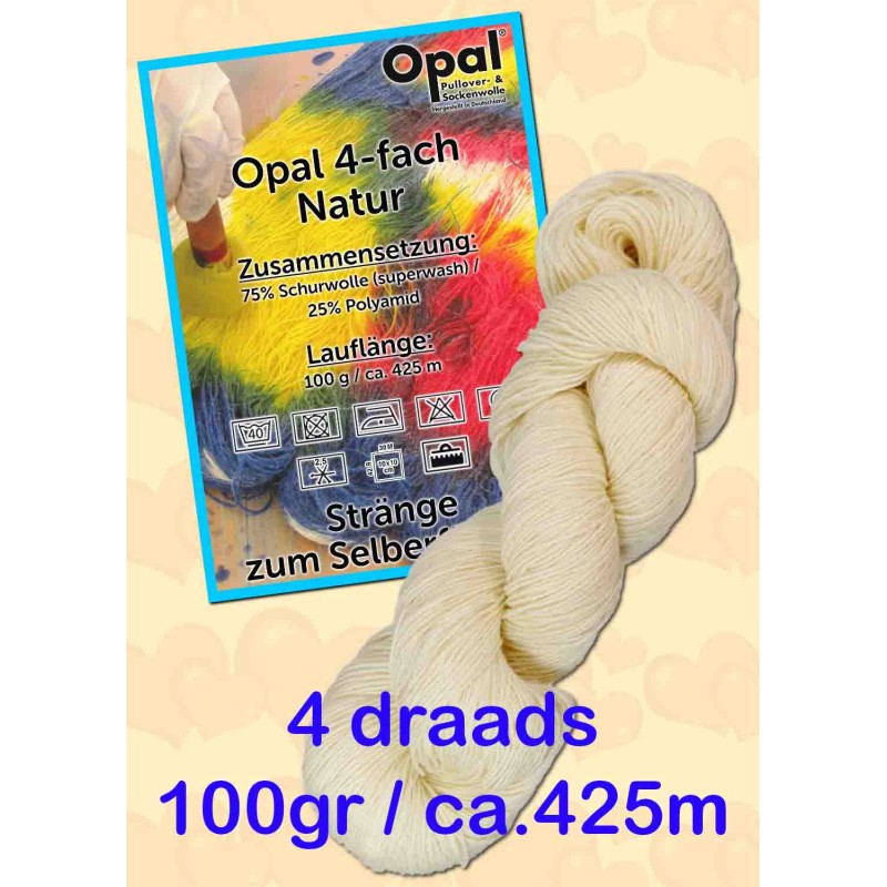 Opal ongeverfde 4 draads sokgaren naturel wol om zelf te verven. Opal ongeverfde 4 draads sokgaren naturel wol om zelf te verven.